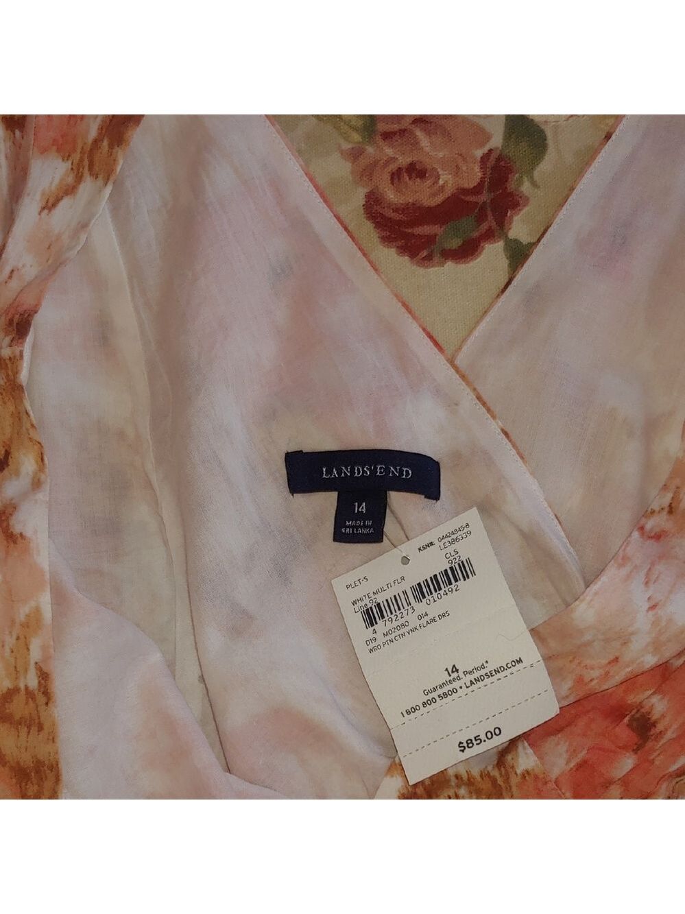 Lands' End New Cotton Floral Dress with Wrap V-Neck in Peach Multi size 14 NWT - Picture 5 of 16